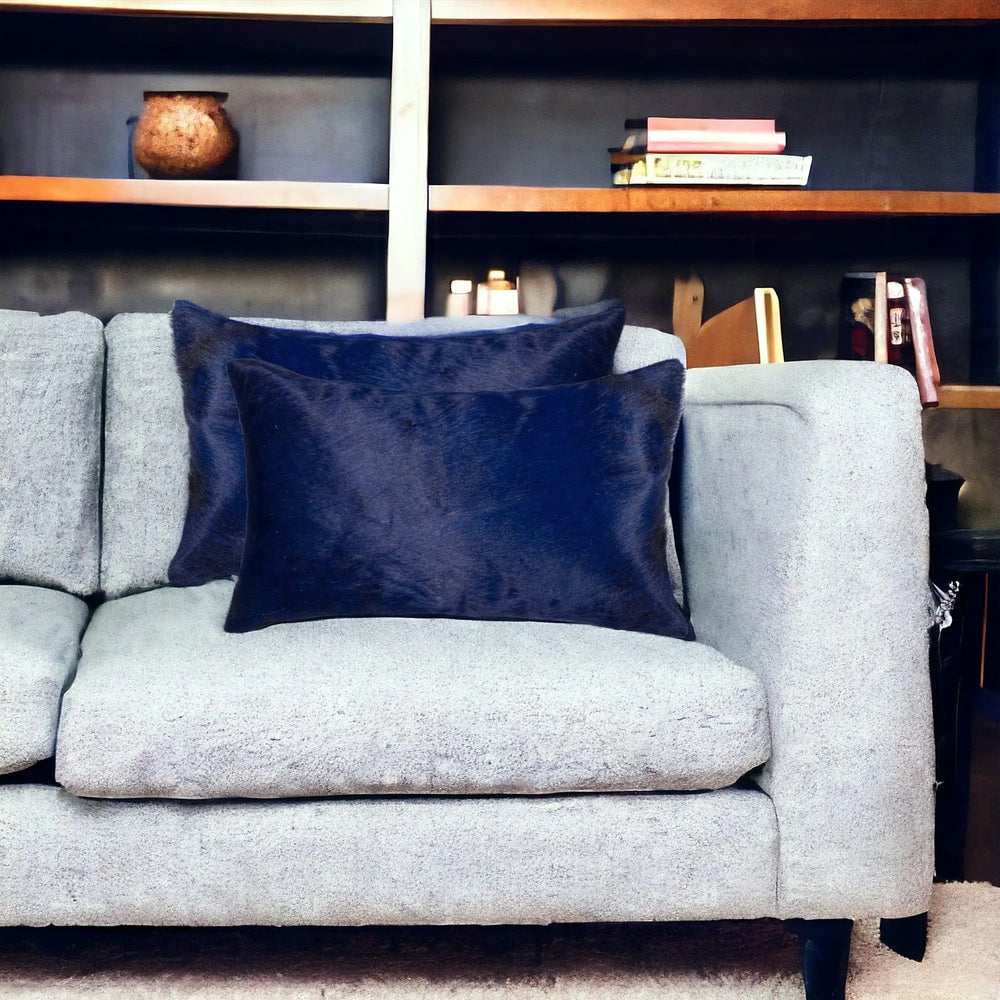 Set of Two 12" X 20" Navy Blue Cowhide Lumbar Throw Pillows - Homeroots