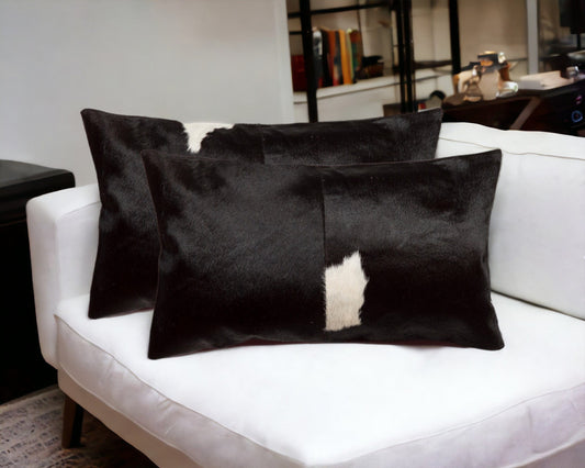 Set of Two 12" X 20" Black and White Cowhide Throw Pillows - Homeroots