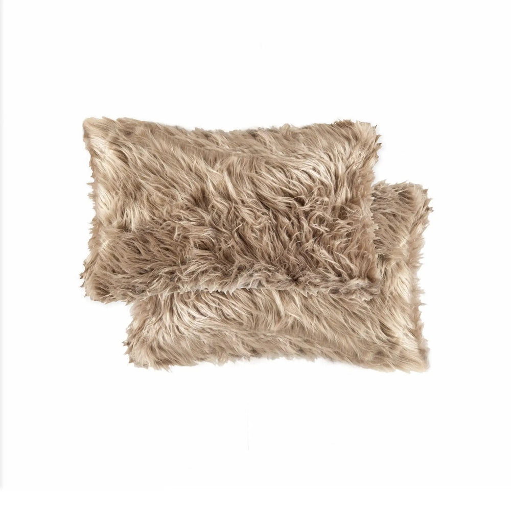 Set of Two 12" X 20" Tan Faux Fur Throw Pillows - Homeroots