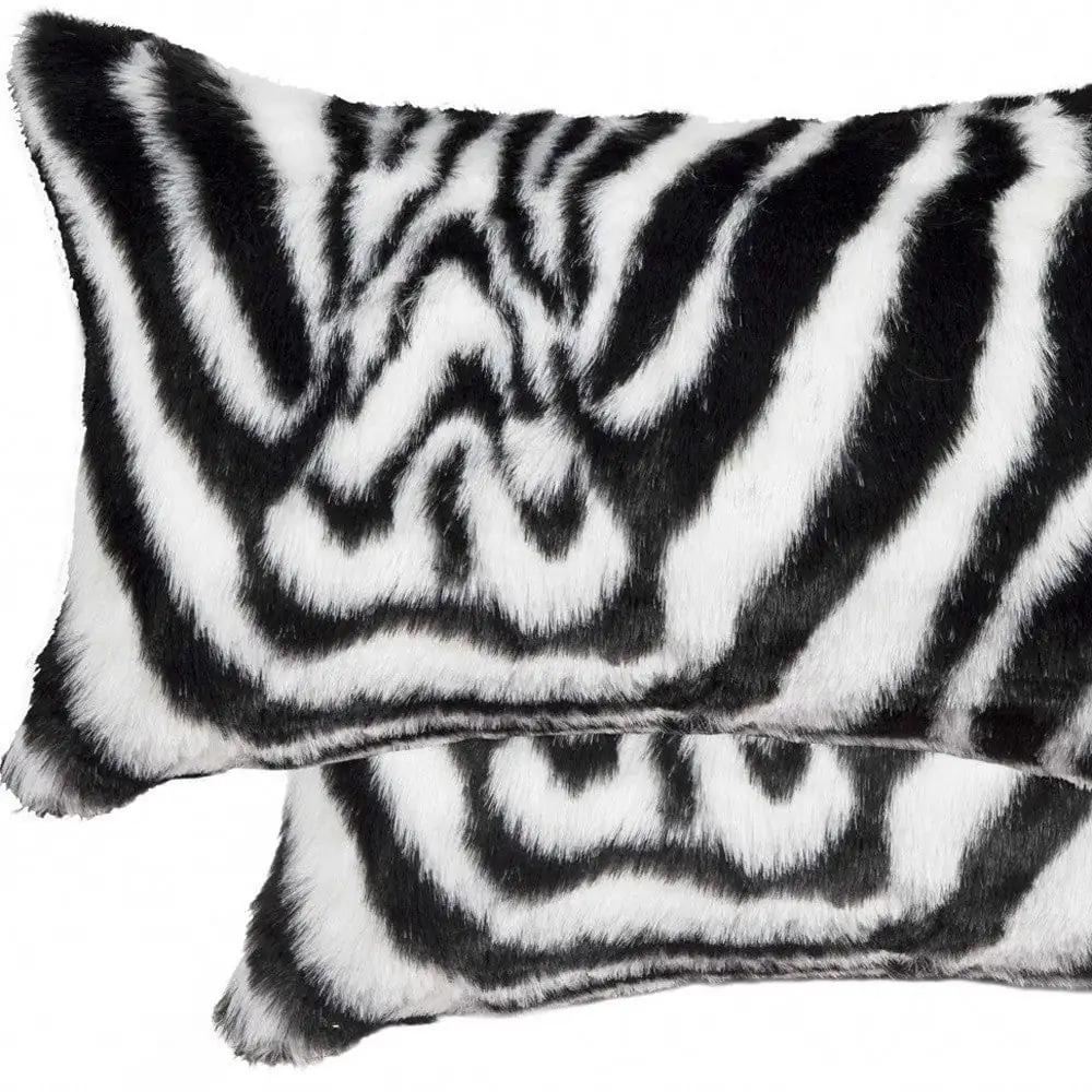 Set of Two 12" X 20" Black and White Faux Fur Throw Pillow - Homeroots - Flyclothing LLC
