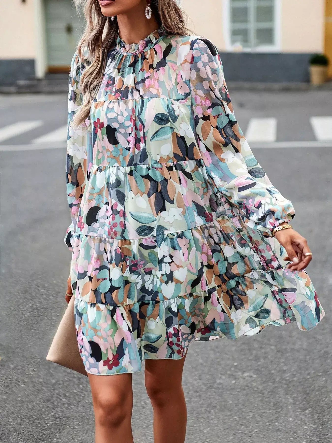 Printed Long Sleeve Mini Dress - Trendsi - Flyclothing LLC