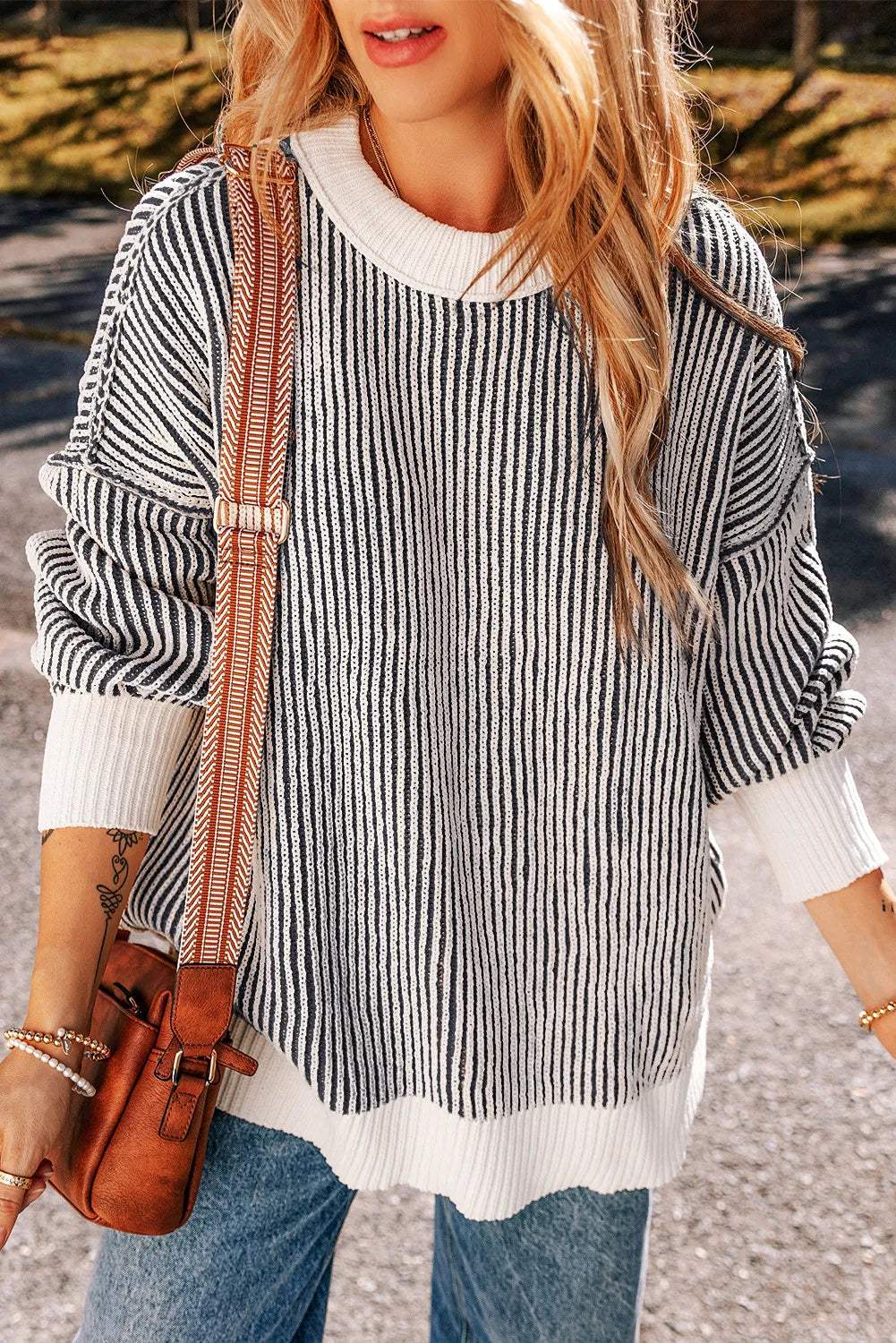Round Neck Dropped Shoulder Sweater - Trendsi - Flyclothing LLC