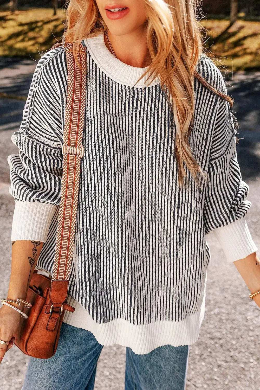 Round Neck Dropped Shoulder Sweater - Trendsi - Flyclothing LLC