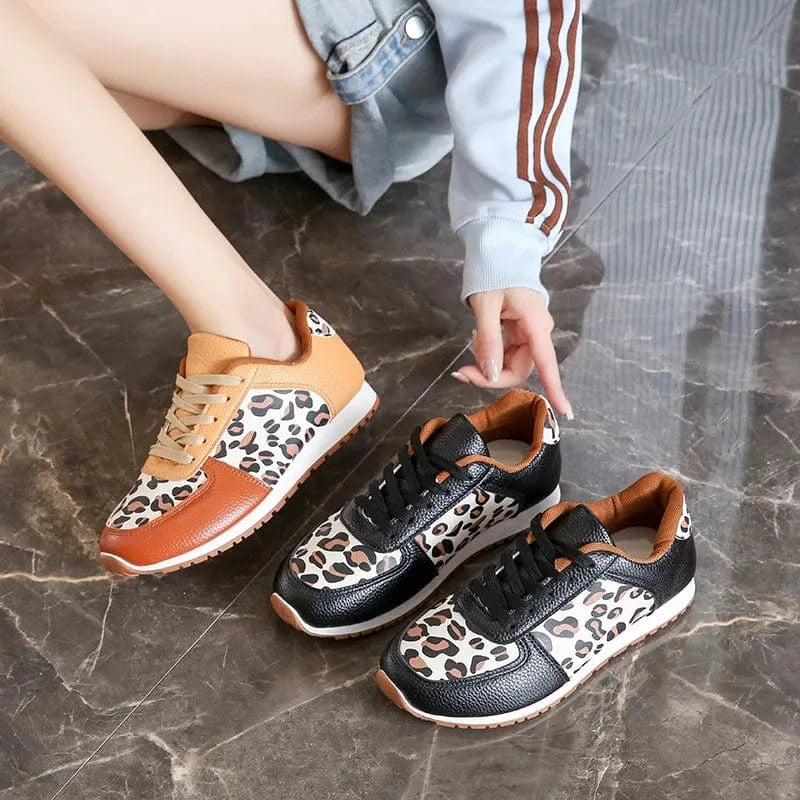 Leopard Round Toe Lace Up Sneakers - Trendsi