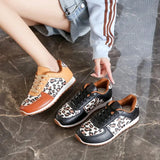 Leopard Round Toe Lace Up Sneakers - Trendsi