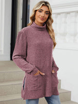 Slit Mock Neck Long Sleeve T-Shirt - Trendsi - Flyclothing LLC