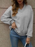 V-Neck Long Sleeve Dropped Shoulder Sweatshirt - Trendsi - Flyclothing LLC