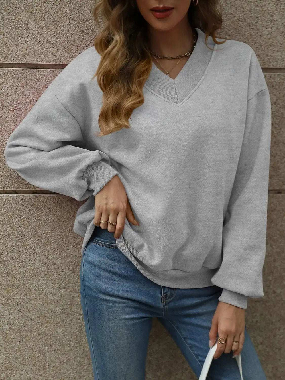 V-Neck Long Sleeve Dropped Shoulder Sweatshirt - Trendsi - Flyclothing LLC