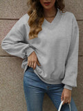 V-Neck Long Sleeve Dropped Shoulder Sweatshirt - Trendsi - Flyclothing LLC