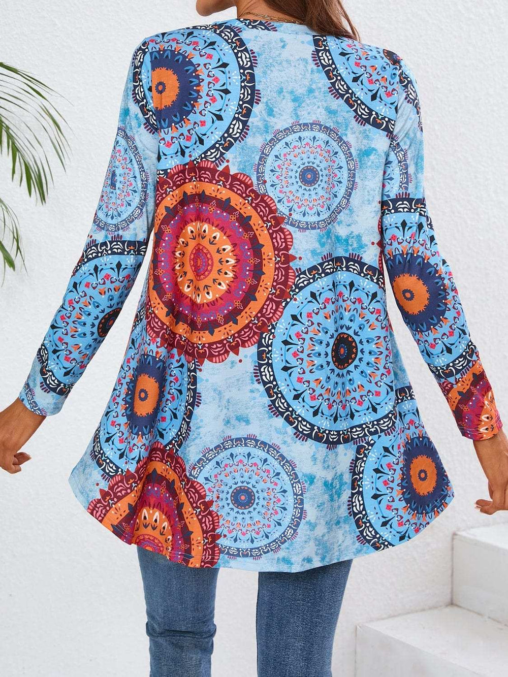 Geometric Printed V-Neck Long Sleeve T-Shirt - Trendsi - Flyclothing LLC