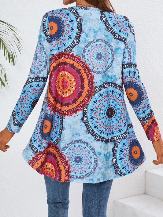 Geometric Printed V-Neck Long Sleeve T-Shirt - Trendsi