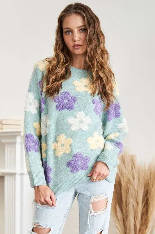 ADORA Full Size Floral Popped 2-Tone Sweater Top Plus Size - Trendsi - Flyclothing LLC
