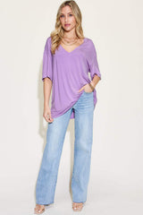 Basic Bae Full Size Bamboo V-Neck Drop Shoulder T-Shirt - Trendsi - Flyclothing LLC