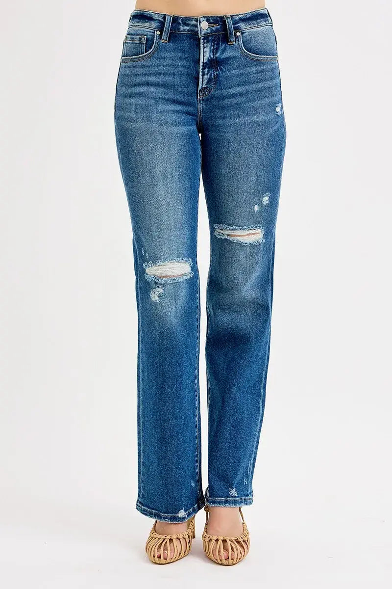 RISEN Full Size Tummy Control High Rise Straight Distressed Jeans Plus Size - Trendsi - Flyclothing LLC