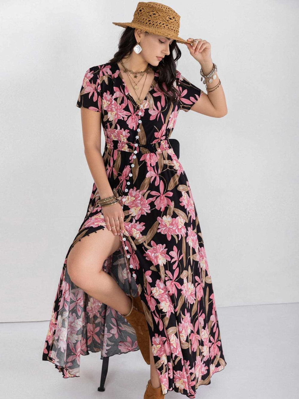 Floral V-Neck Slit Dress - Trendsi - Flyclothing LLC