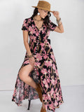 Floral V-Neck Slit Dress - Trendsi - Flyclothing LLC