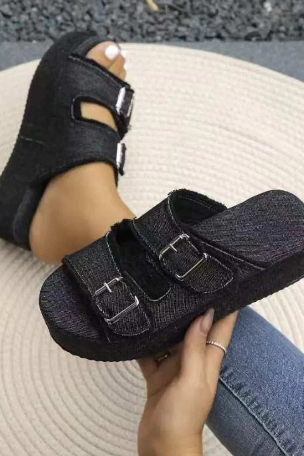 Raw Hem Wedge Buckle Sandals - Trendsi - Flyclothing LLC