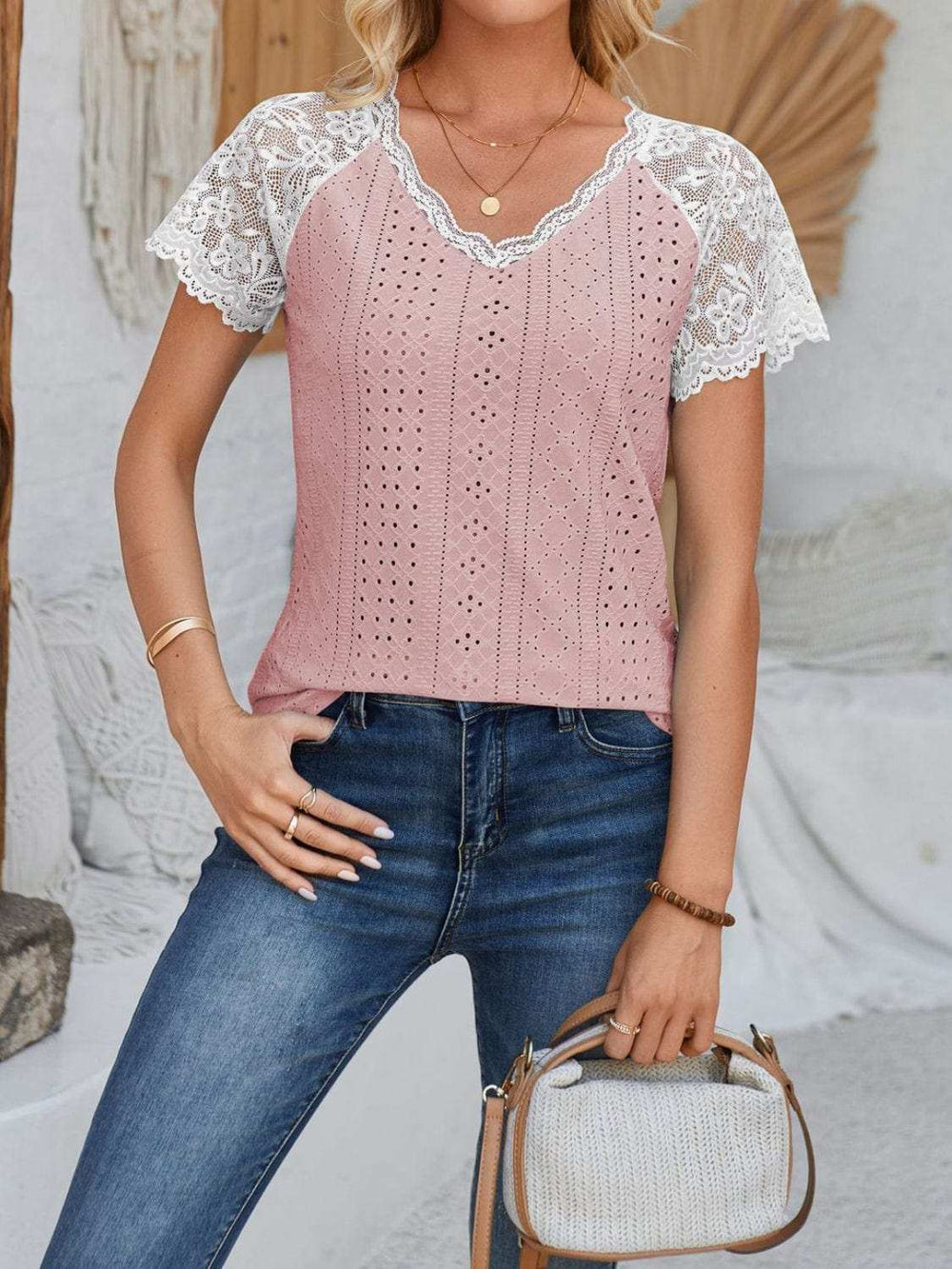 Eyelet Lace Detail V-Neck Short Sleeve Top - Trendsi - Flyclothing LLC