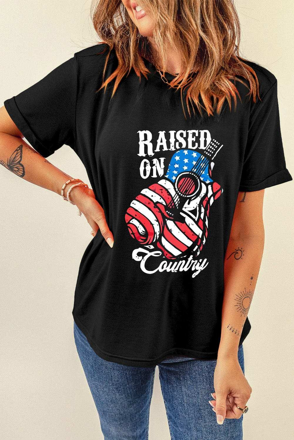 RAISED ON COUNTRY Round Neck T-Shirt - Trendsi - Flyclothing LLC