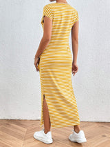Tied Striped Round Neck Short Sleeve Tee Dress - Trendsi - Flyclothing LLC