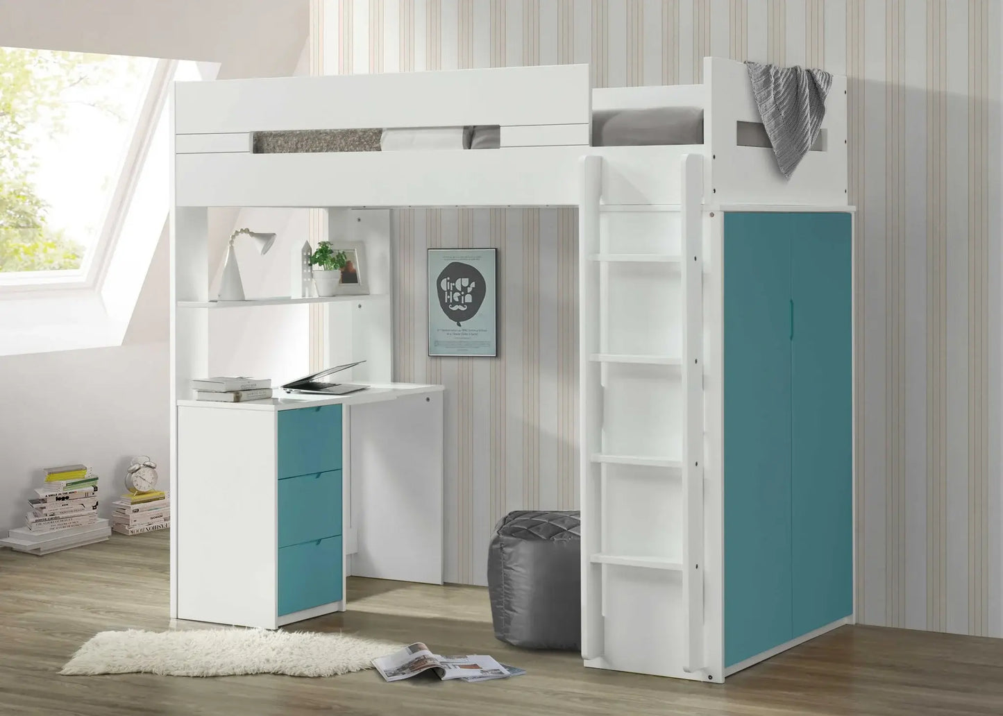 White And Teal Twin Loft Bed And Desk - Homeroots - Flyclothing LLC