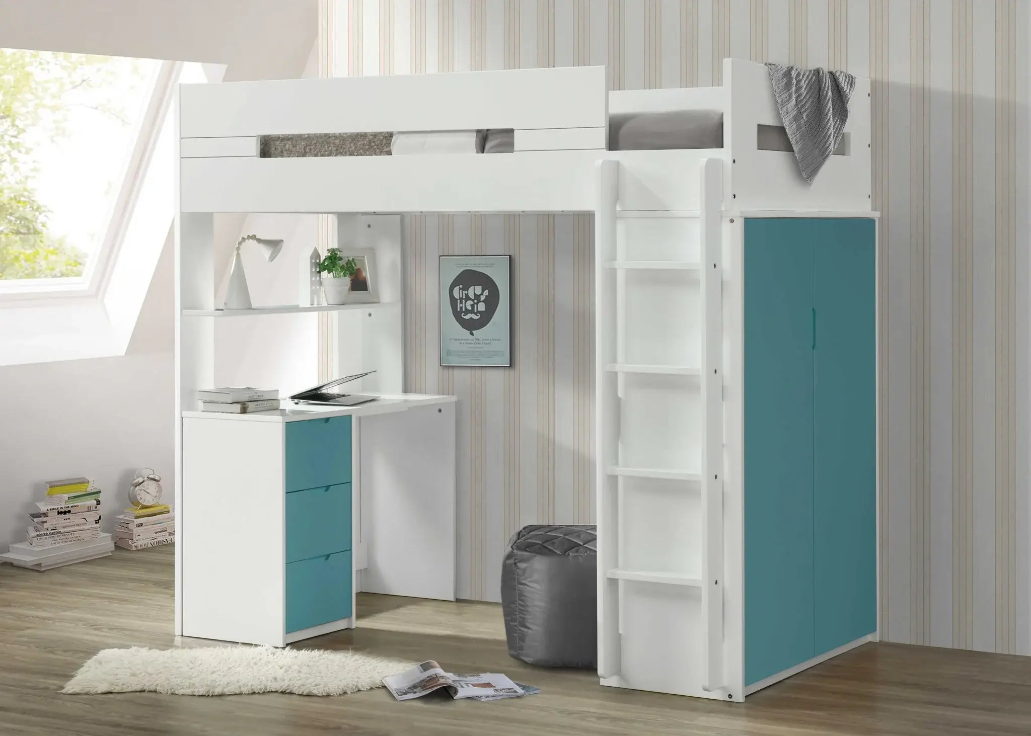 White And Teal Twin Loft Bed And Desk - Homeroots - Flyclothing LLC