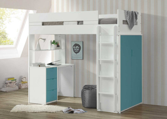 White And Teal Twin Loft Bed And Desk - Homeroots - Flyclothing LLC