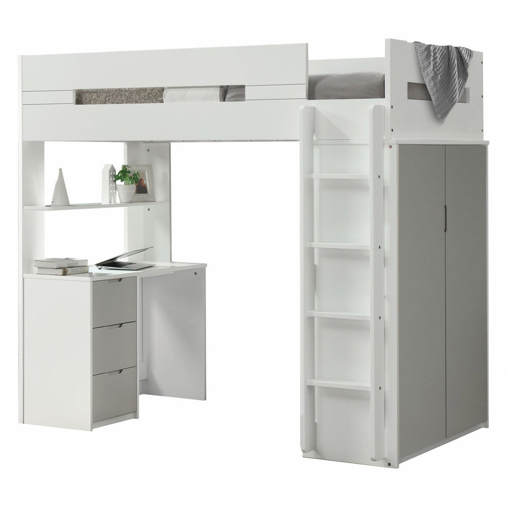White And Gray Twin Loft Bed And Desk - Homeroots