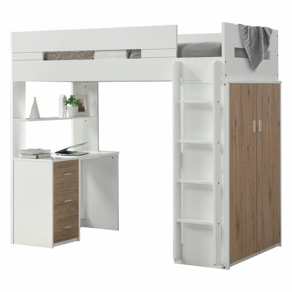 White And Natural Twin Loft Bed And Desk - Homeroots
