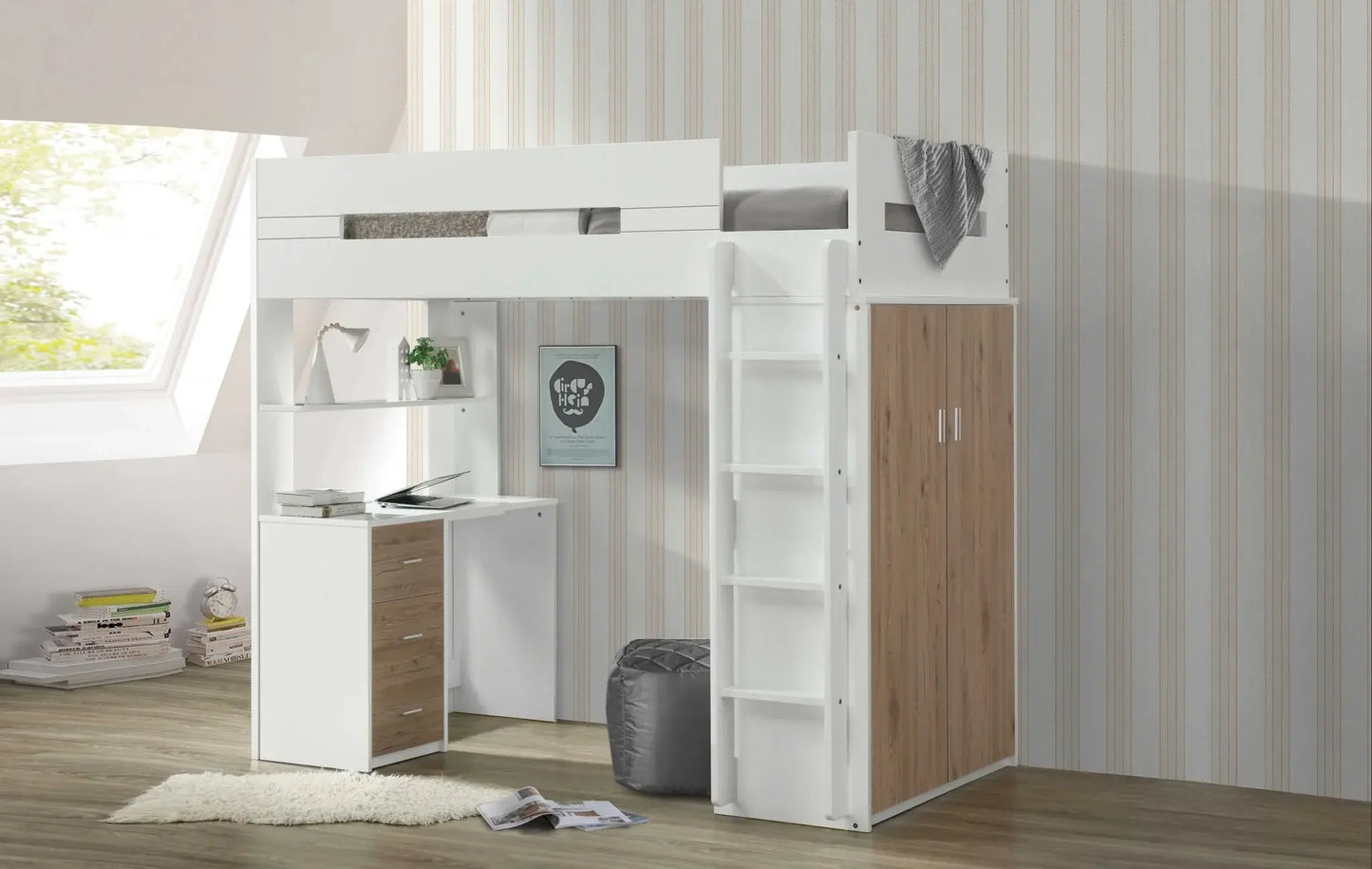 White And Natural Twin Loft Bed And Desk - Homeroots - Flyclothing LLC
