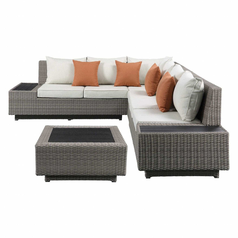 Beige Polyester Modular L Shaped Four Piece Standard With Console And Toss Pillows - Homeroots - Flyclothing LLC