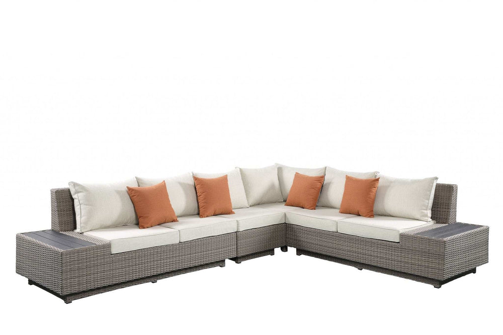 Beige Polyester Modular L Shaped Four Piece Standard With Console And Toss Pillows - Homeroots - Flyclothing LLC