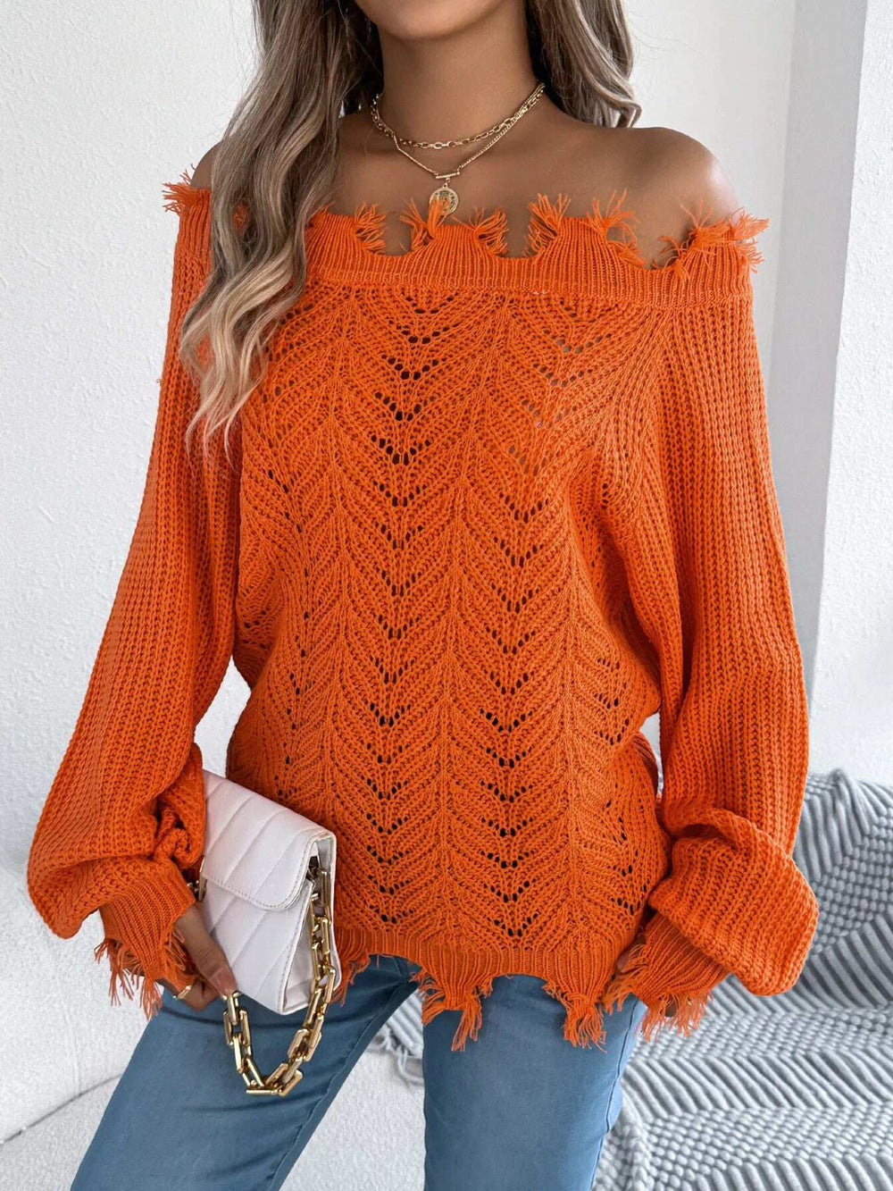 Distressed Hem Openwork Off-Shoulder Sweater - Trendsi - Flyclothing LLC