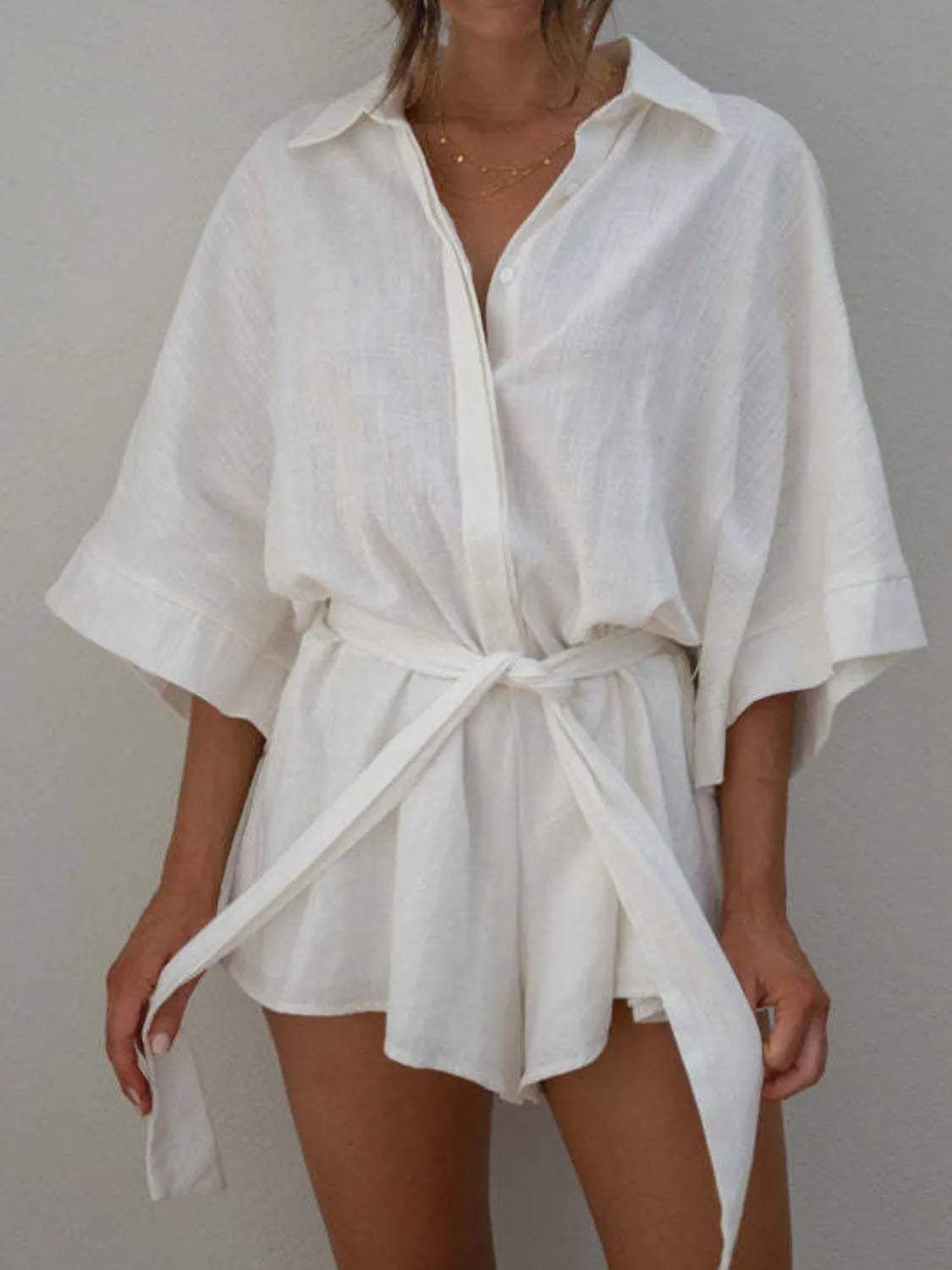 Collared Neck Half Sleeve Romper - Trendsi - Flyclothing LLC
