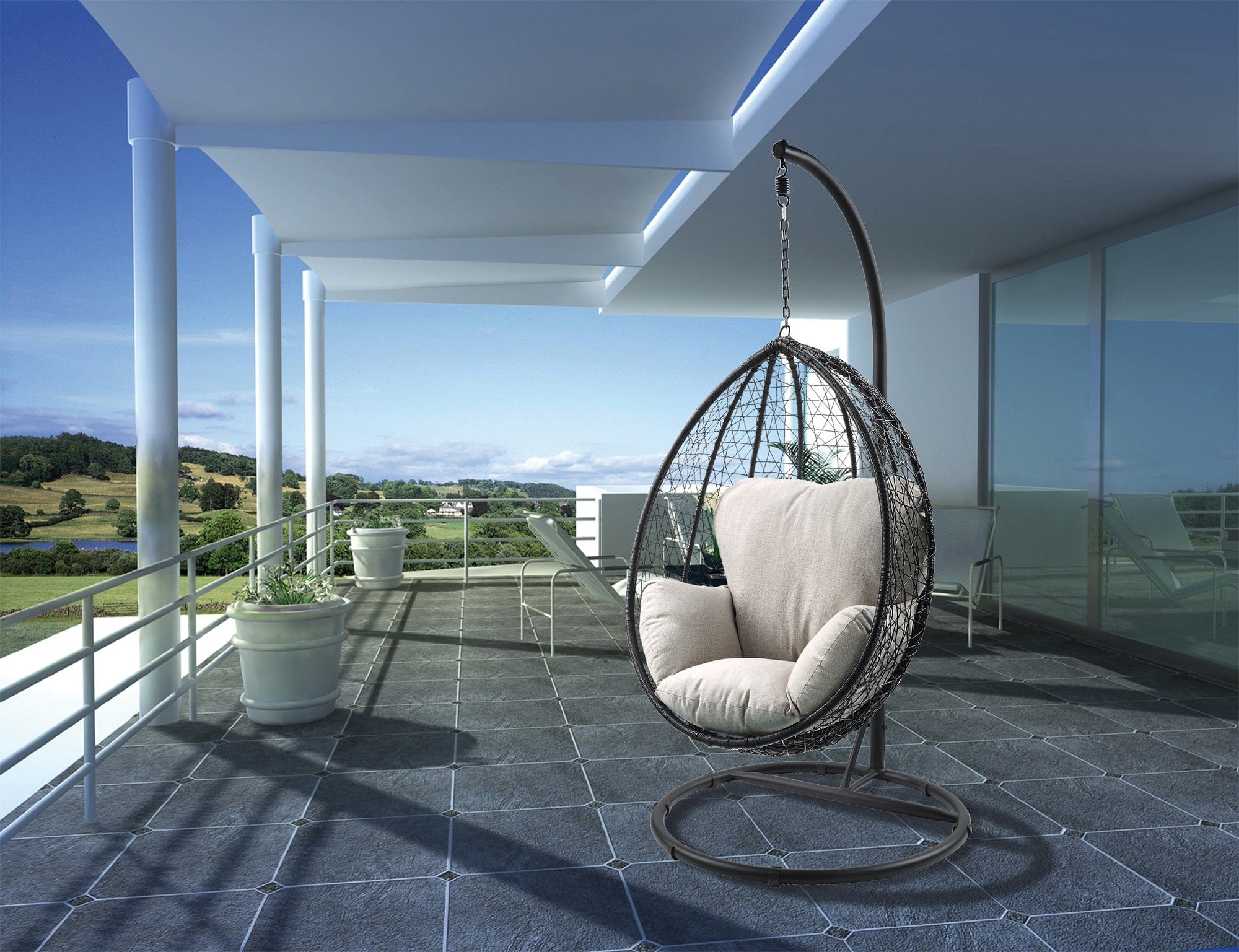 38" Black Metal Swing Chair With Beige Cushion - Homeroots - Flyclothing LLC