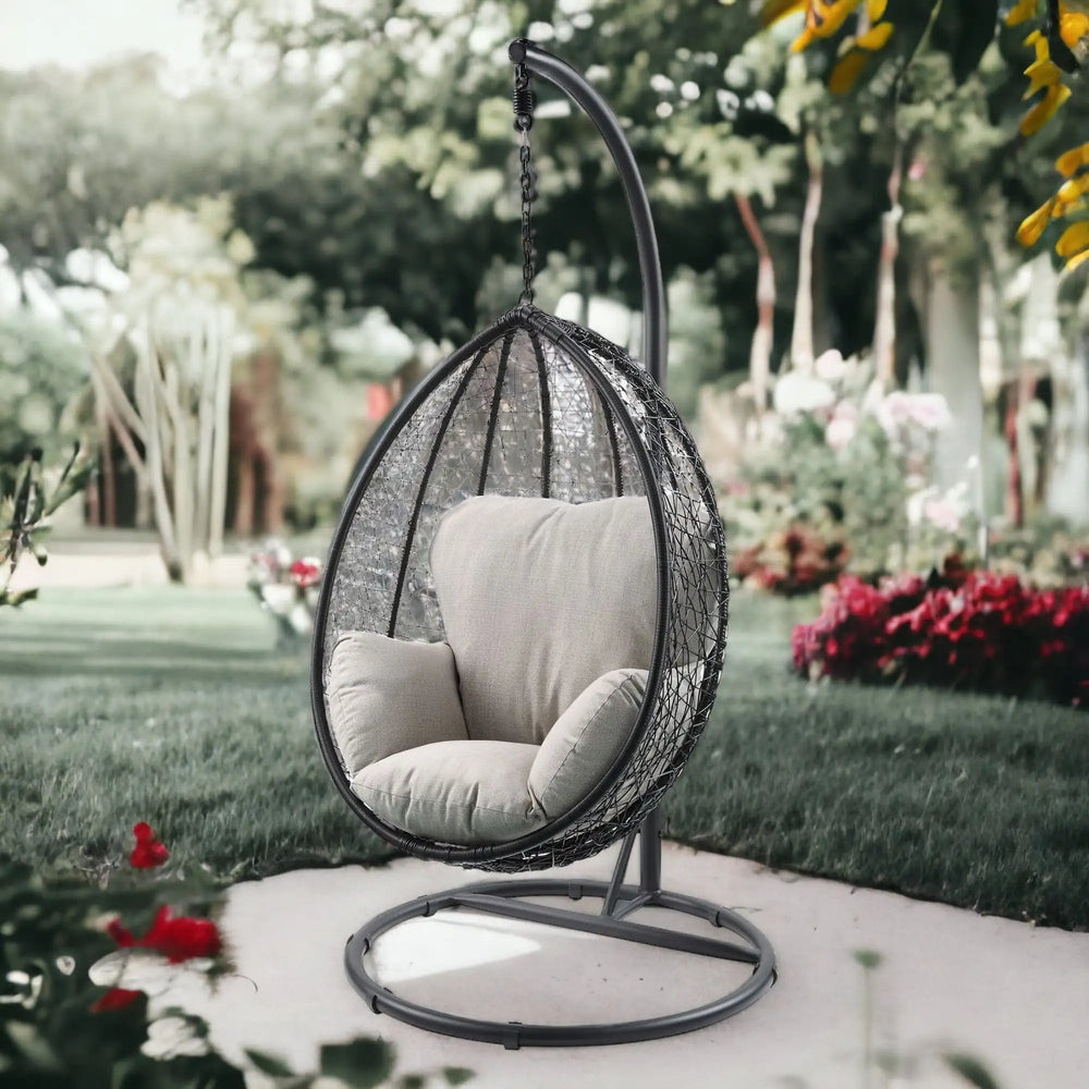38" Black Metal Swing Chair With Beige Cushion - Homeroots - Flyclothing LLC