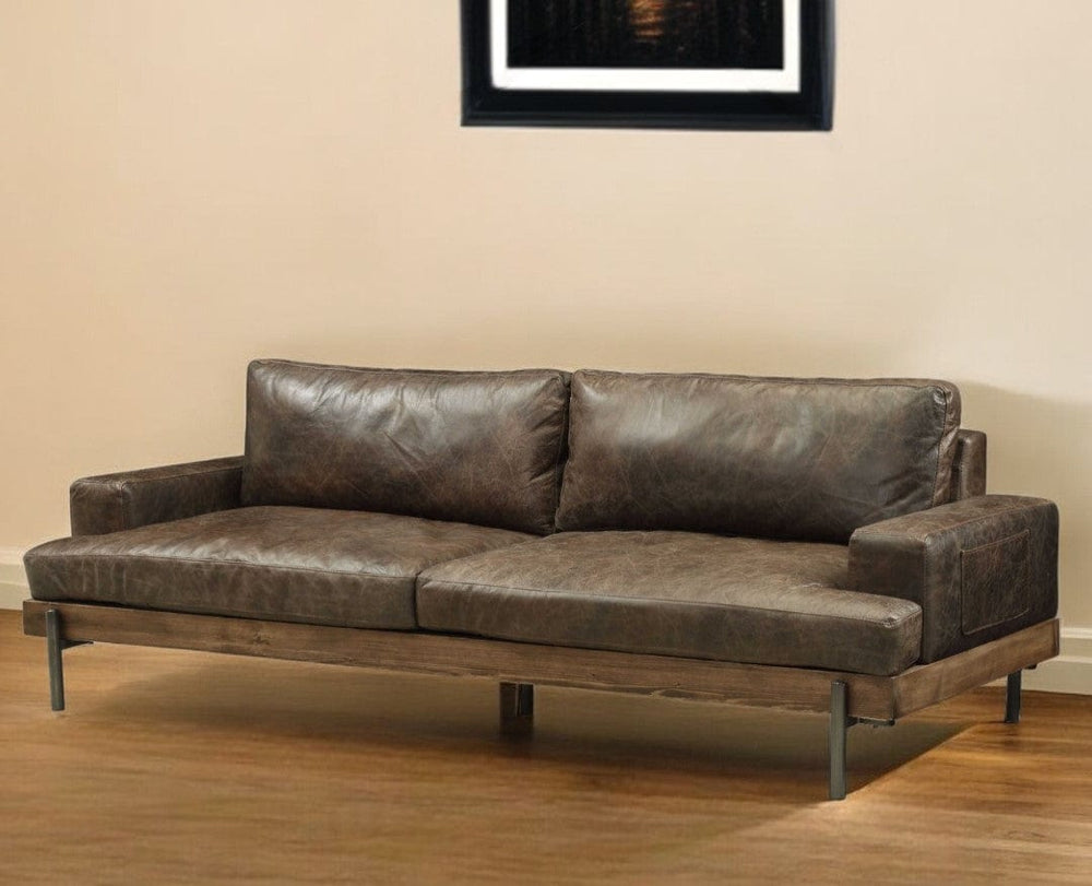 95" Chocolate Top Grain Leather Sofa With Black Legs - Homeroots