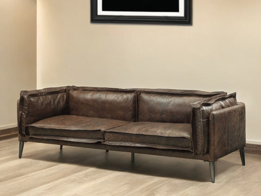 94" Chocolate Top Grain Leather Sofa With Dark Brown Legs - Homeroots - Flyclothing LLC