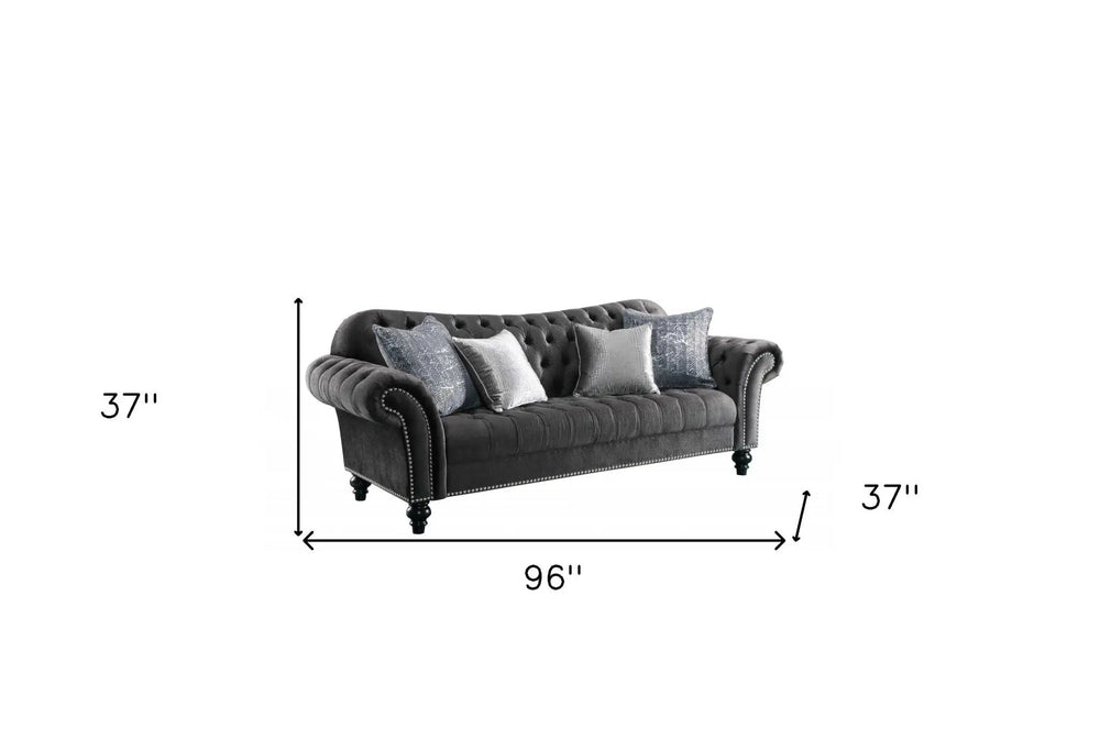 96" Dark Gray Velvet Chesterfield Sofa And Toss Pillows With Black Legs - Homeroots - Flyclothing LLC