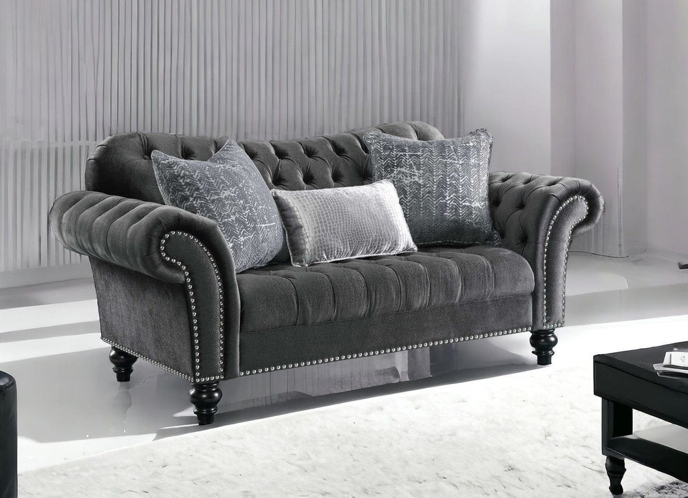 79" Gray And Black Velvet Loveseat and Toss Pillows - Homeroots - Flyclothing LLC