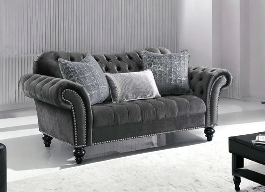 79" Gray And Black Velvet Loveseat and Toss Pillows - Homeroots