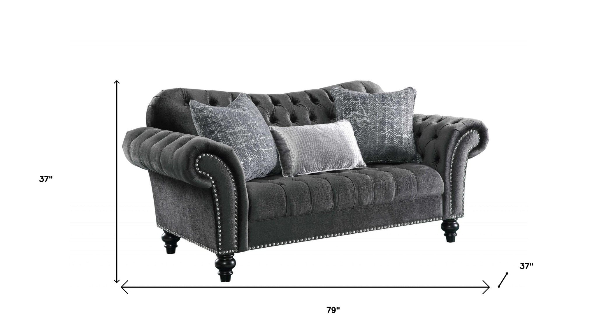 79" Gray And Black Velvet Loveseat and Toss Pillows - Homeroots