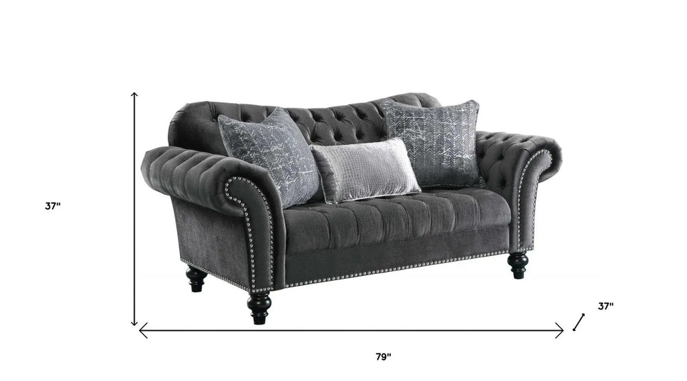 79" Gray And Black Velvet Loveseat and Toss Pillows - Homeroots - Flyclothing LLC