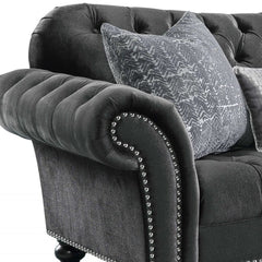 79" Gray And Black Velvet Loveseat and Toss Pillows - Homeroots
