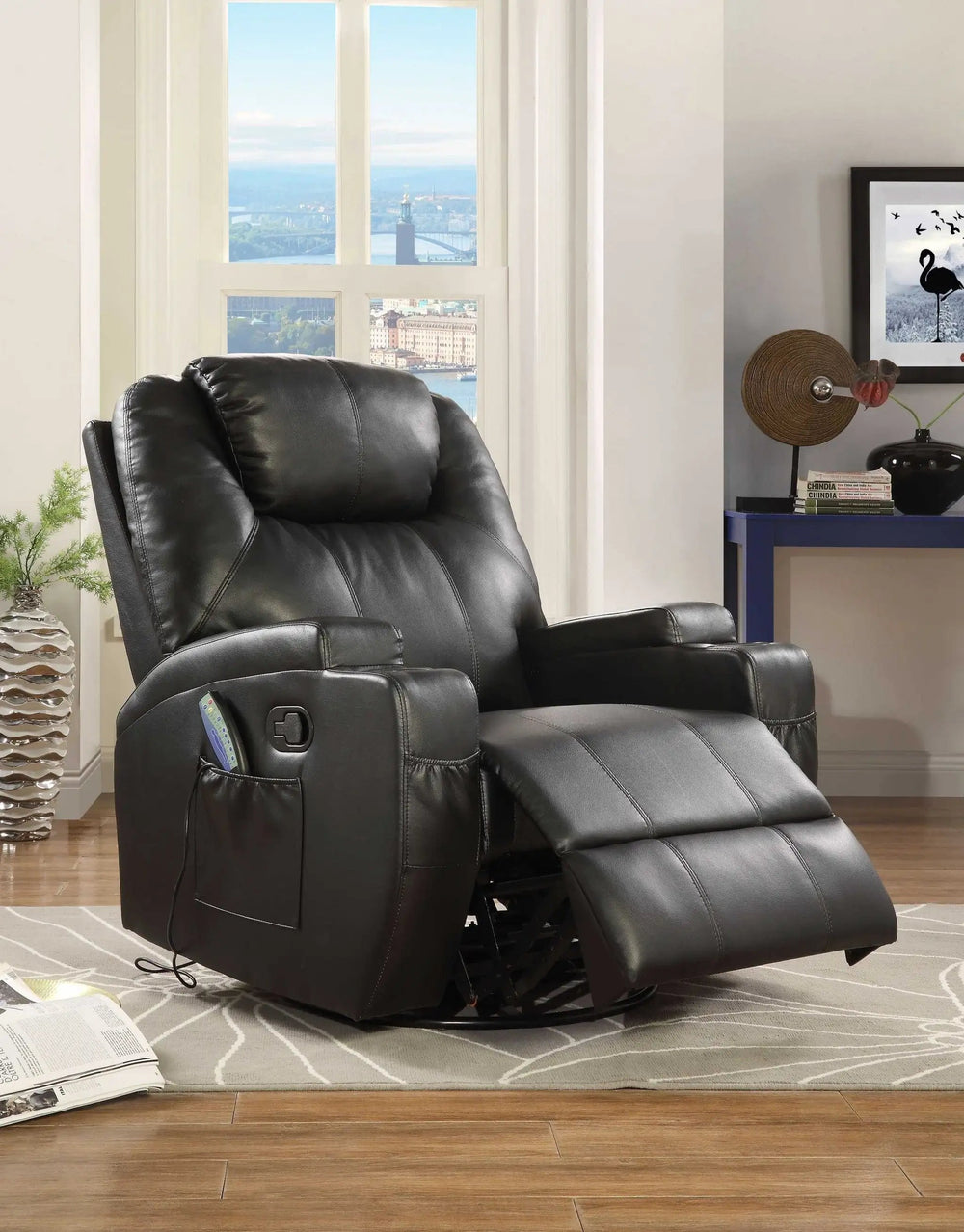 34" Black Leather Match Power Heated Massage Recliner - Homeroots - Flyclothing LLC