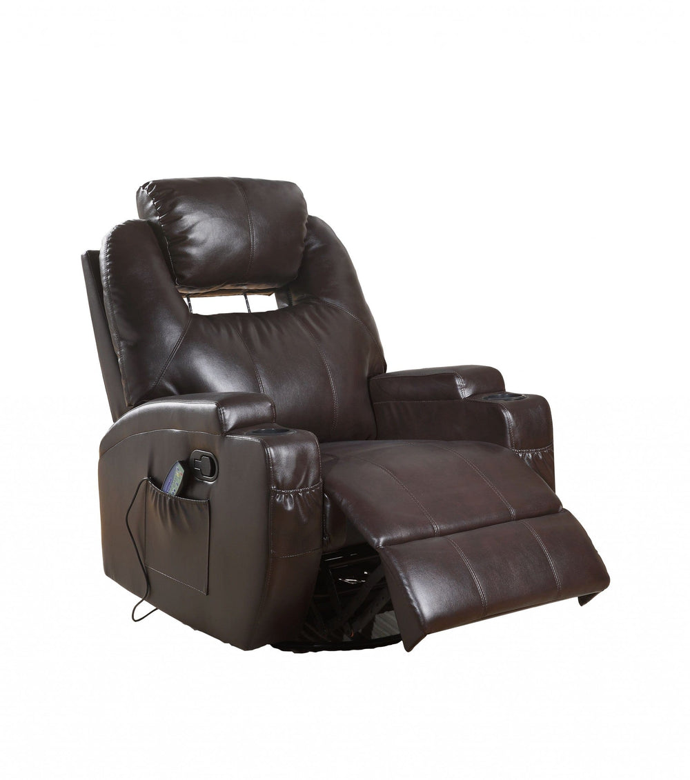 34" Brown Faux Leather Heated Massage Home Theater Recliner - Homeroots