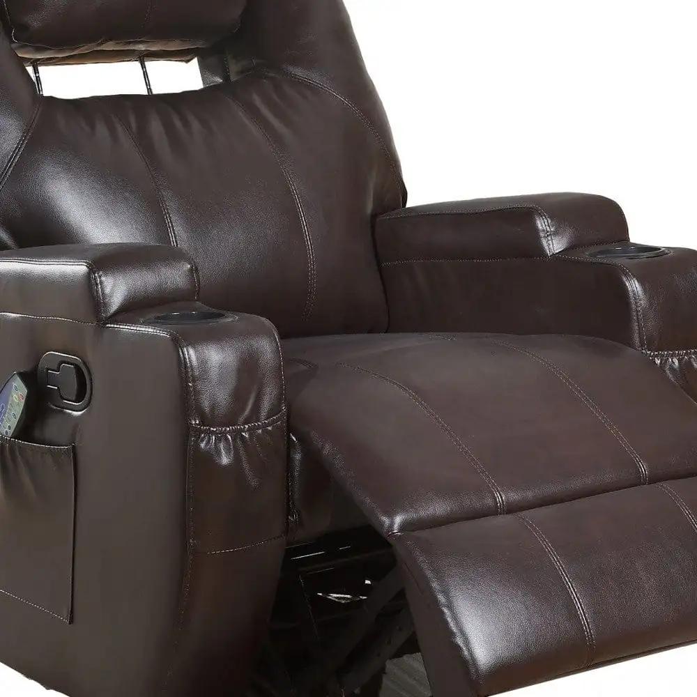 34" Brown Faux Leather Heated Massage Home Theater Recliner - Homeroots - Flyclothing LLC