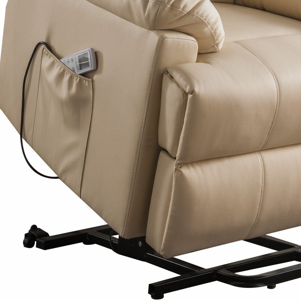 34" Beige Faux Leather Power Massage Lift Assist Recliner - Homeroots - Flyclothing LLC