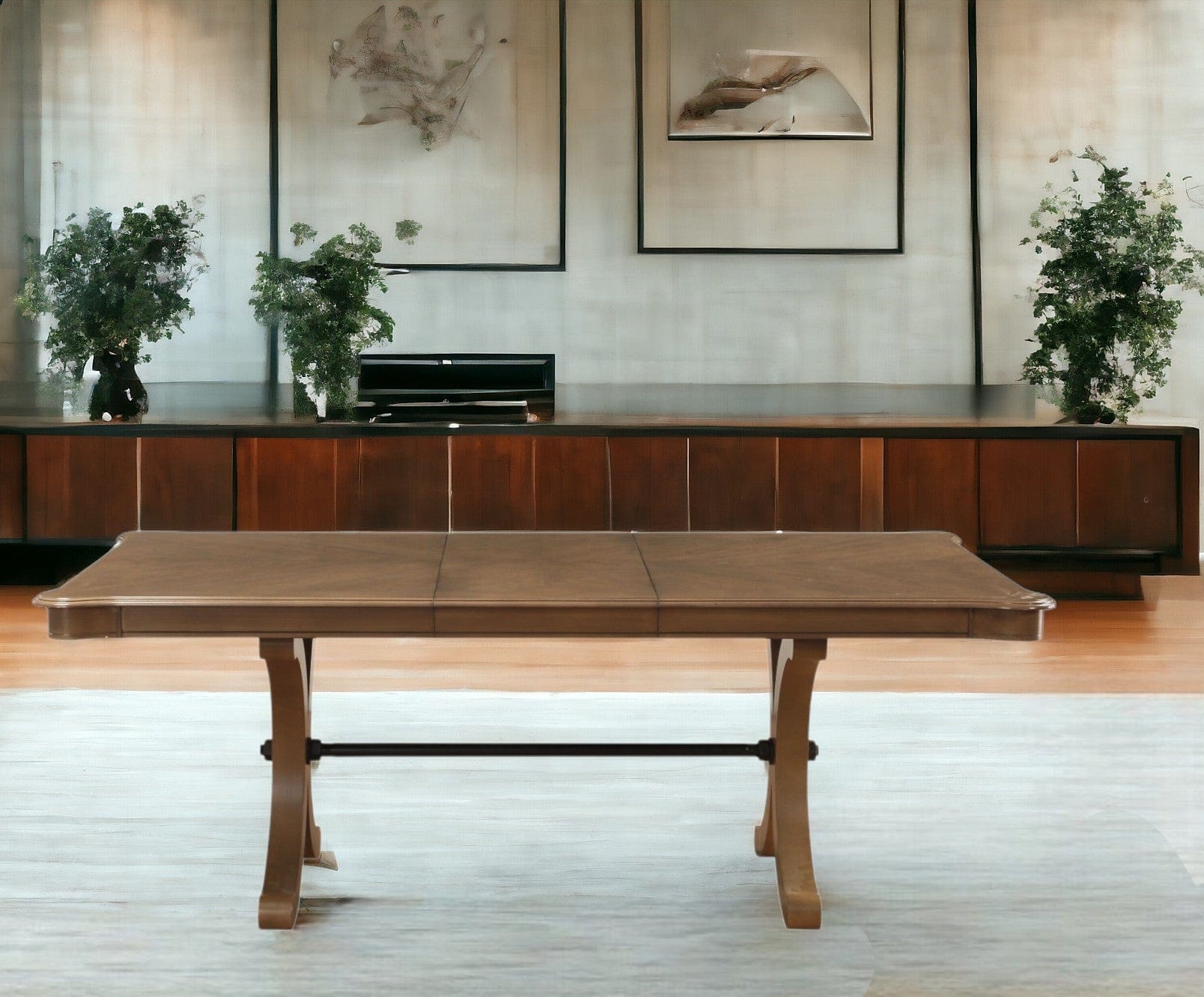 64" Brown Solid Wood Removable Leaf Trestle Base Dining Table - Homeroots - Flyclothing LLC