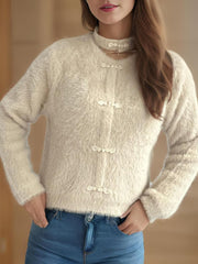Cutout Knot Button Long Sleeve Cardigan - Trendsi